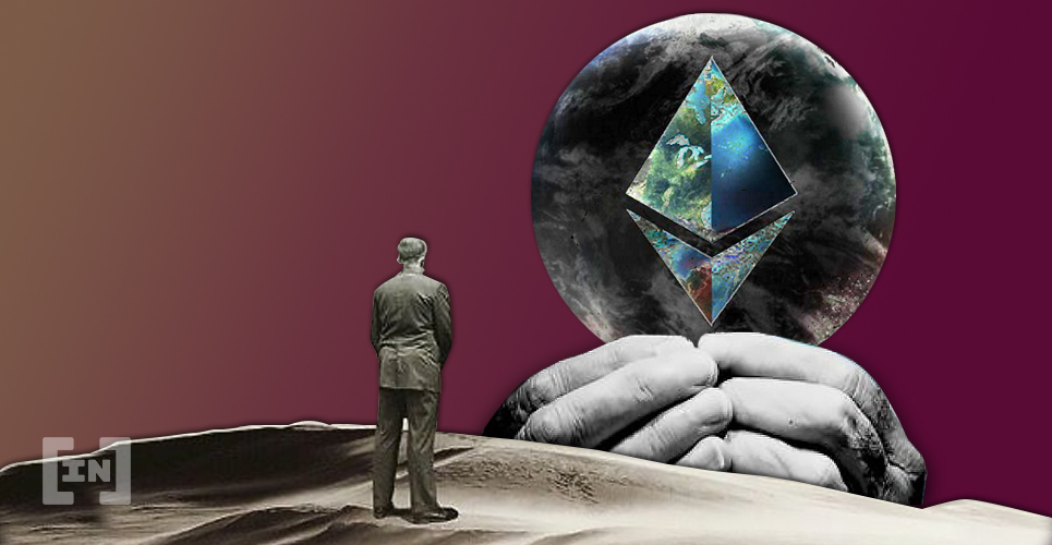 Mann in der Wüste vor einem Mond mit Ethereum Logo darauf
