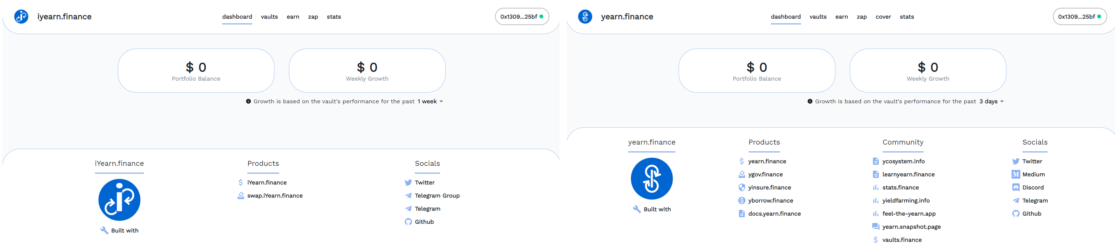 Links: iYearn Yield Dashboard. Rechts: Yearn Finance Dashboard.
