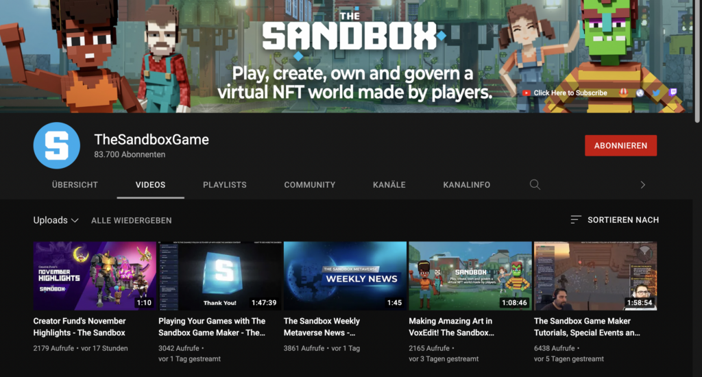 Offizieller YouTube Kanal von The Sandbox
