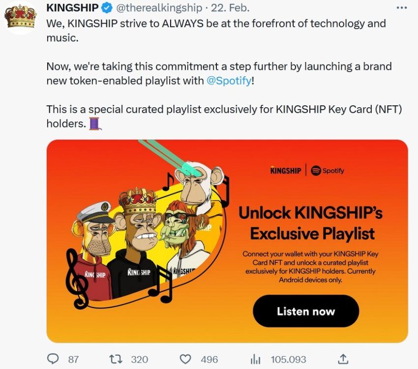 Twitterscreenshot, Kingship, BAYC-Chraraktere, Spotify