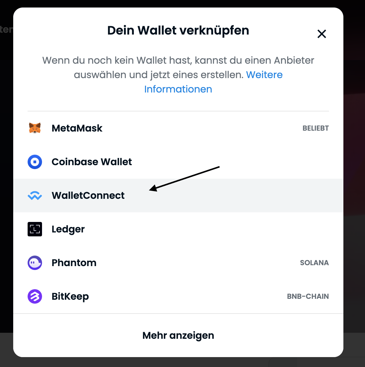 Wallet-Auswahl auf Opensea