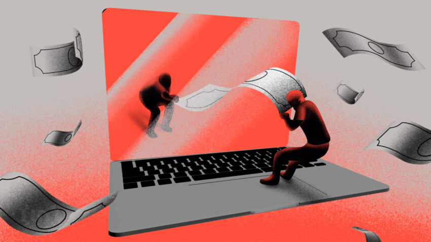 Laptop Geldschein zwei Menschen