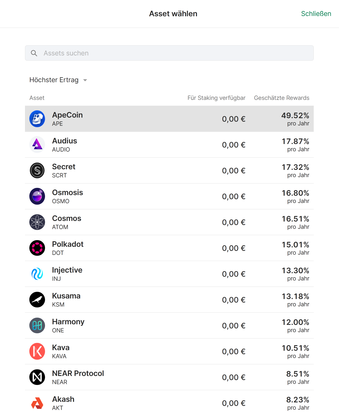 Bitpanda Staking, Auswahl, Krypowährungen