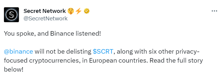 Secret Network Binance Delisting