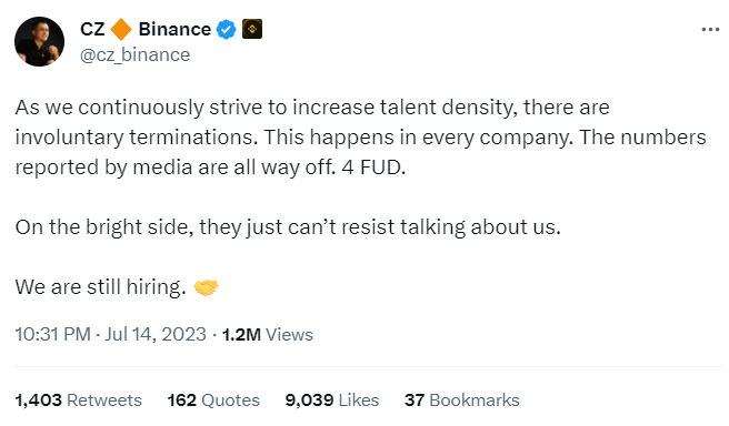 CZ Binance via Twitter