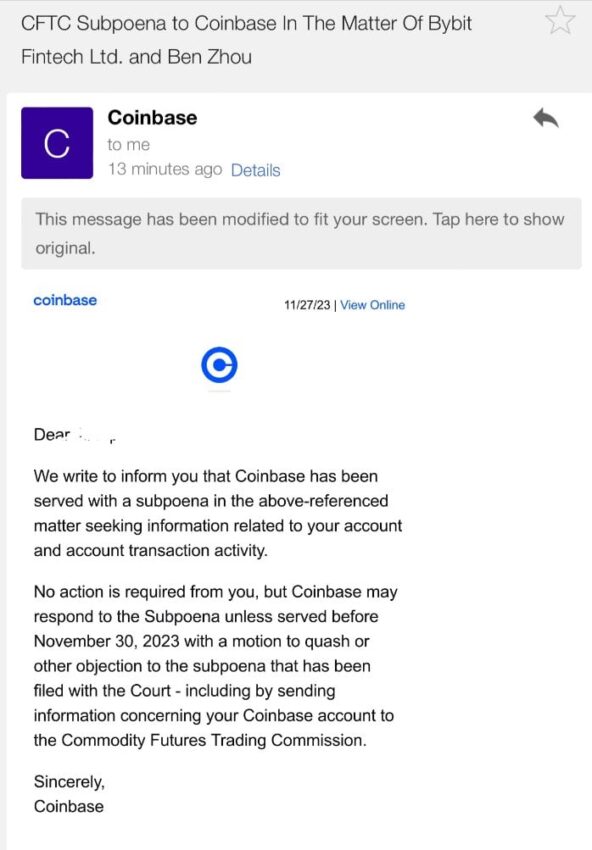 Screenshot aus einer E-Mail von Coinbase