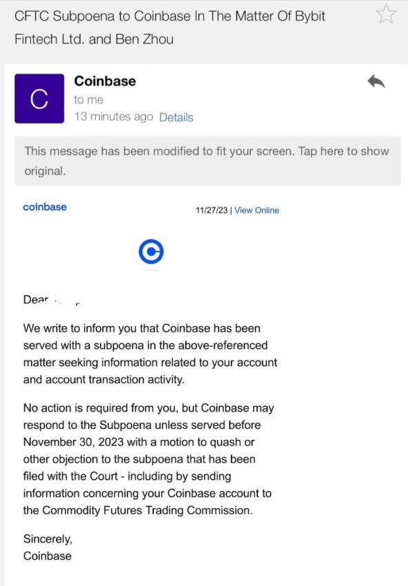 Screenshot aus einer E-Mail von Coinbase