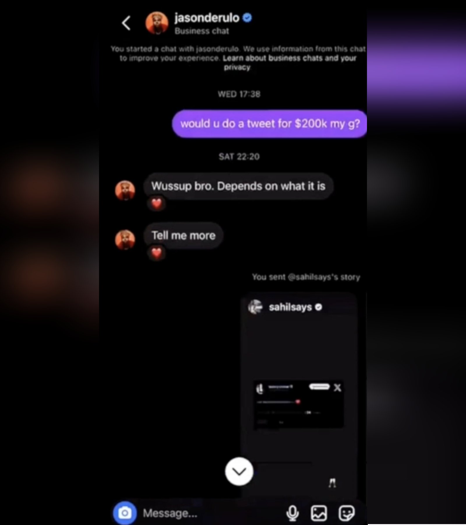 Sahil Aroras mutmaßlicher Chat mit Jason Derulo