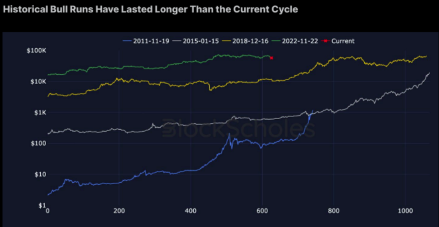 Vergleich der historischen Bullenläufe von Bitcoin.