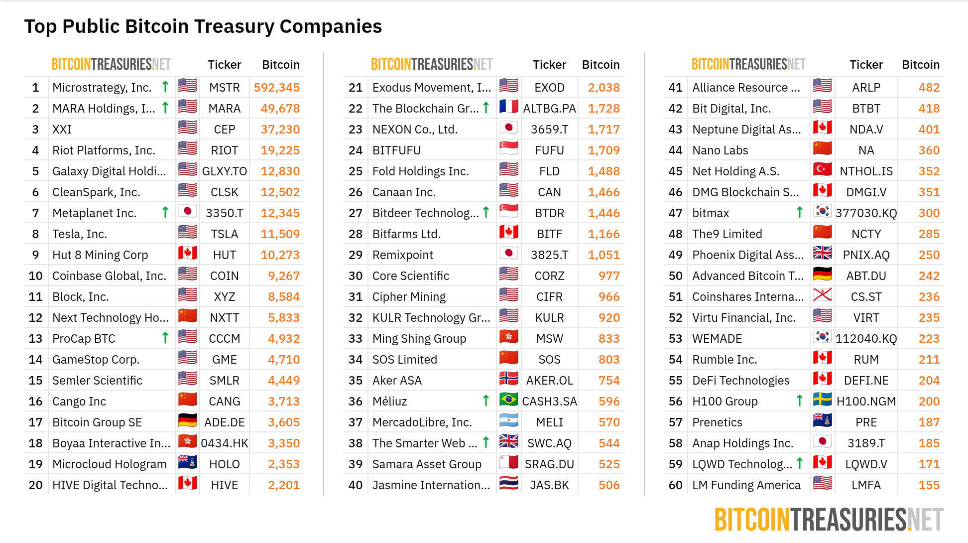 Liste öffentlicher Unternehmen, die BTC halten. Quelle: BitcoinTreasuries