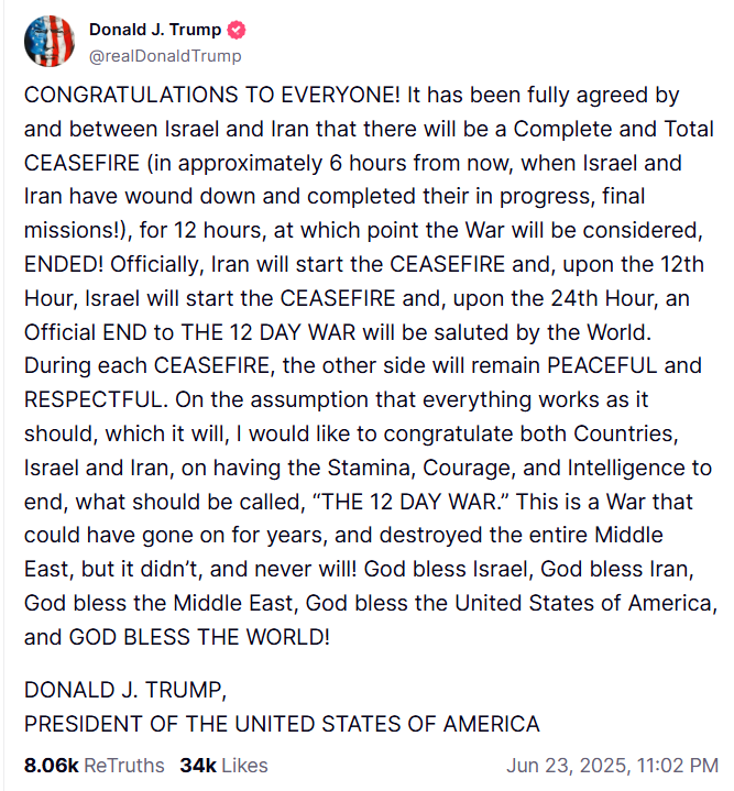 Trump-Waffenstillstandsankündigung im Iran-Israel-Krieg