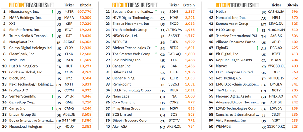 Die größten börsennotierten Unternehmen, die BTC halten